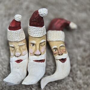 Vintage wooden Christmas Ornament Detailed Santa Head. Lot Of 3 By Ridley Family